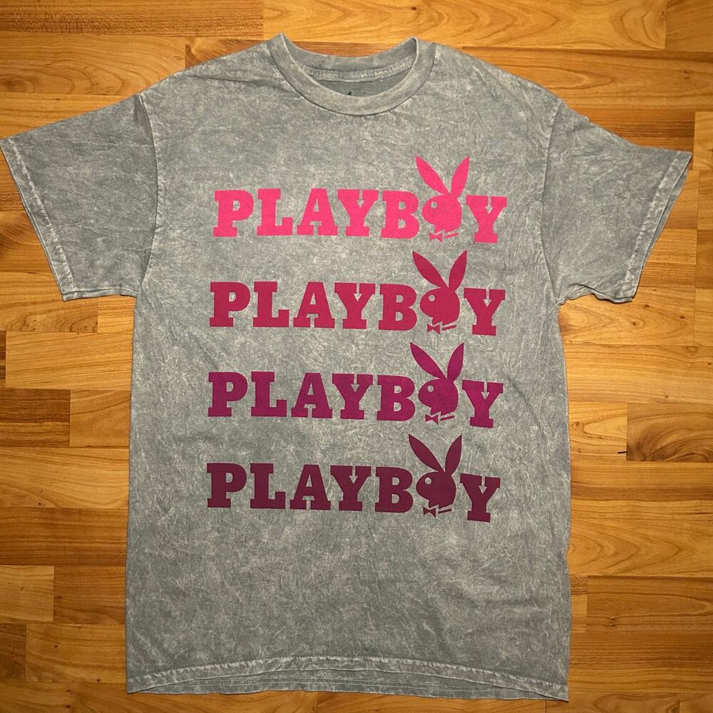 Playboy Distressed Acid Wash Repeating Logo Graphic T-shirt Medium